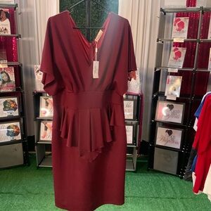 Women's V-Neck Peplum Midi Dress in Burgundy